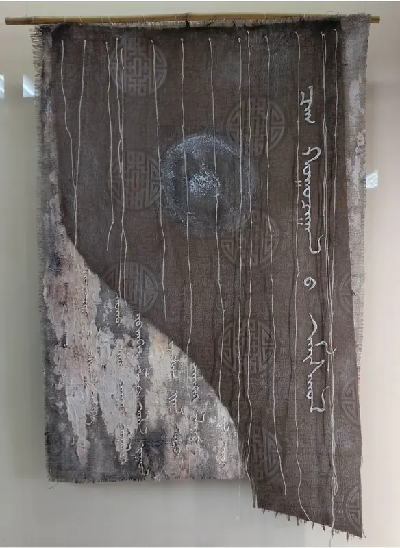 Breath of Time, 2025. Canvas, traditional Mongolian fabric Torgon, texture paste, threads, acrylic