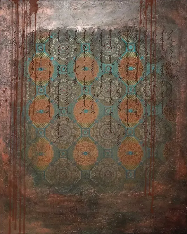 Warrior's Song, 2024. Canvas, Mongolian silk, texture paste, acrylic, lacquer