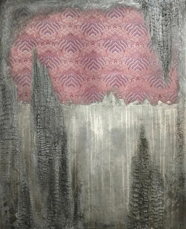 Yanzhima, 2024. Canvas, Mongolian silk, texture paste, acrylic, lacquer